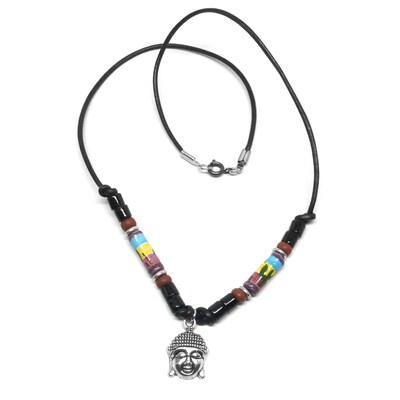 Pewter Buddha Peruvian Ceramic Multi-Color Leather Necklace and Matching Earrings - image2